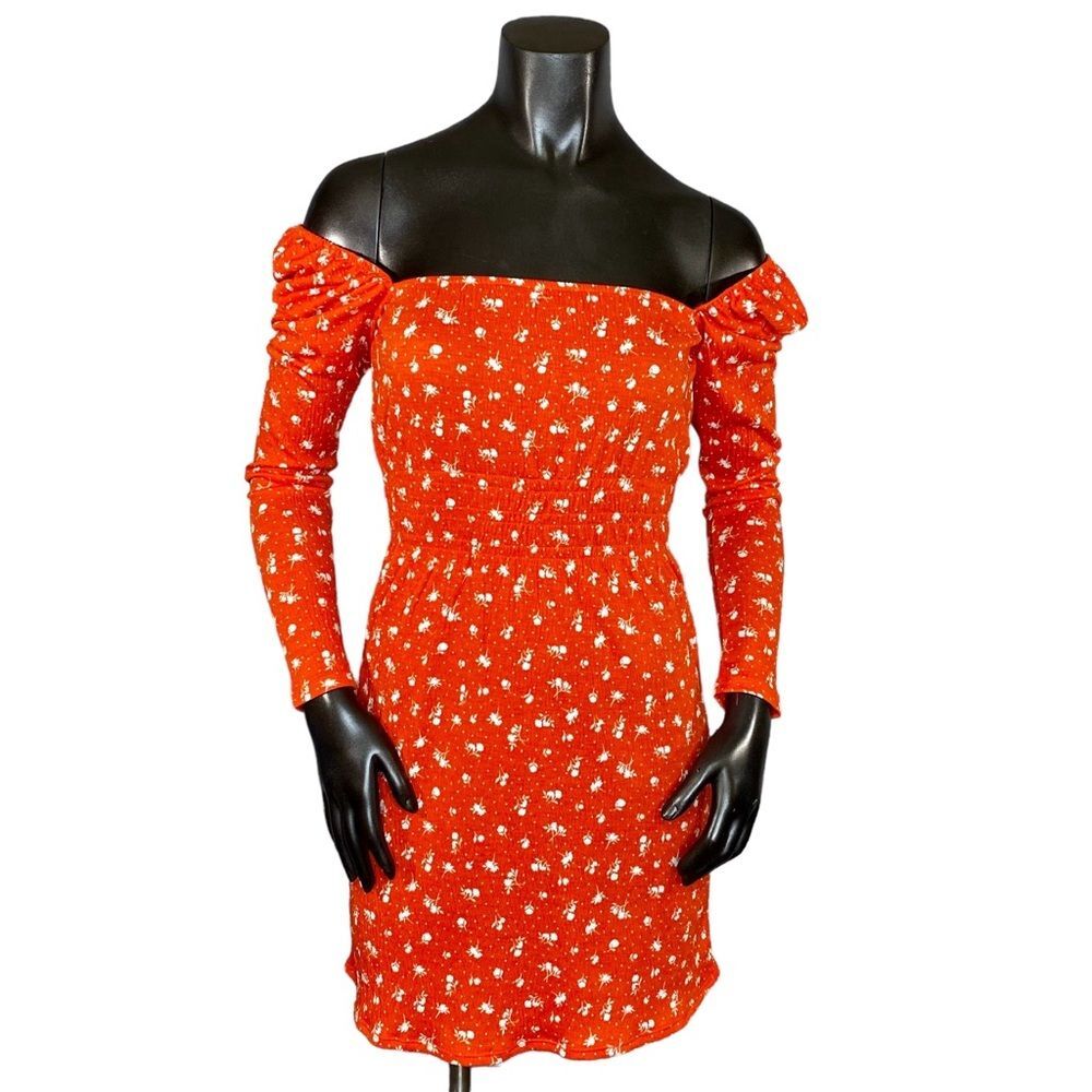 H&M Divided Red Floral Mini Dress Women's Size XS Square Neckline Long Sleeve